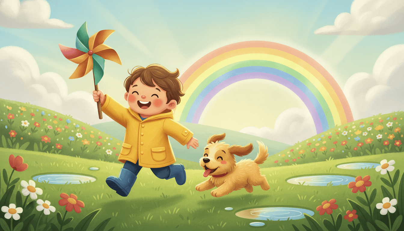 A happy child running and chasing a bright rainbow across a sunny green flower meadow after the rain with a friendly puppy bounding alongside