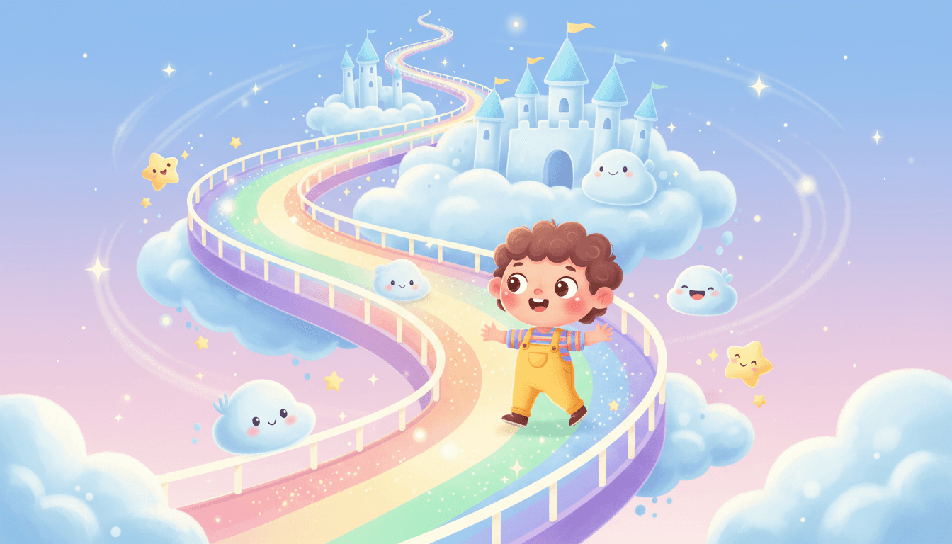 A delighted child stepping onto a glowing arching rainbow bridge leading up into a soft fluffy cloud kingdom with sparkles and friendly cloud creatures