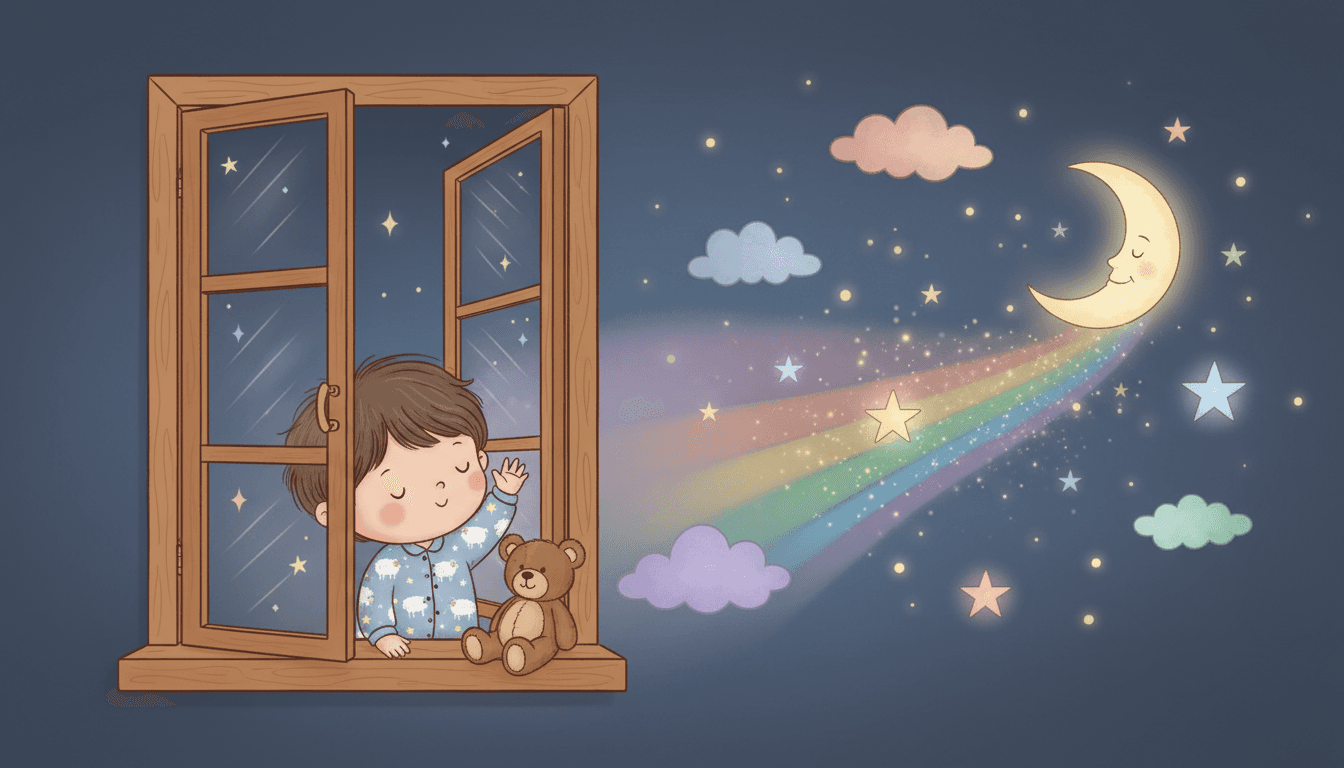 A sleepy little child in pajamas waving from a bedroom window as a soft pastel rainbow gently fades into a deep starry night sky with a glowing crescent moon