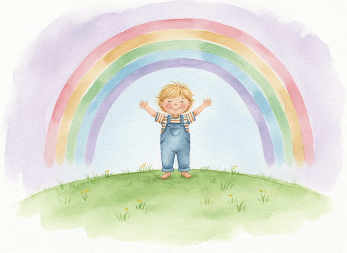 Watercolor style rainbow story illustration of a happy child on a green hill reaching up toward a bright rainbow