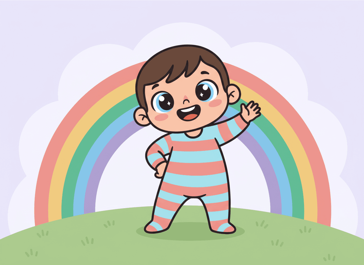 Cartoon style rainbow story illustration of a happy child waving under a colorful rainbow on a green hill