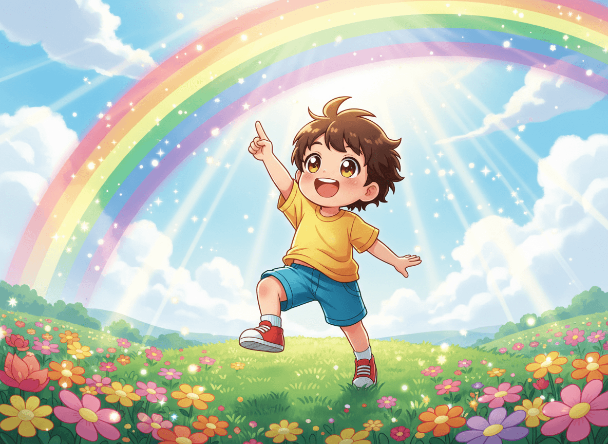 Anime style rainbow story illustration of a cute child with sparkling eyes pointing up at a glowing rainbow