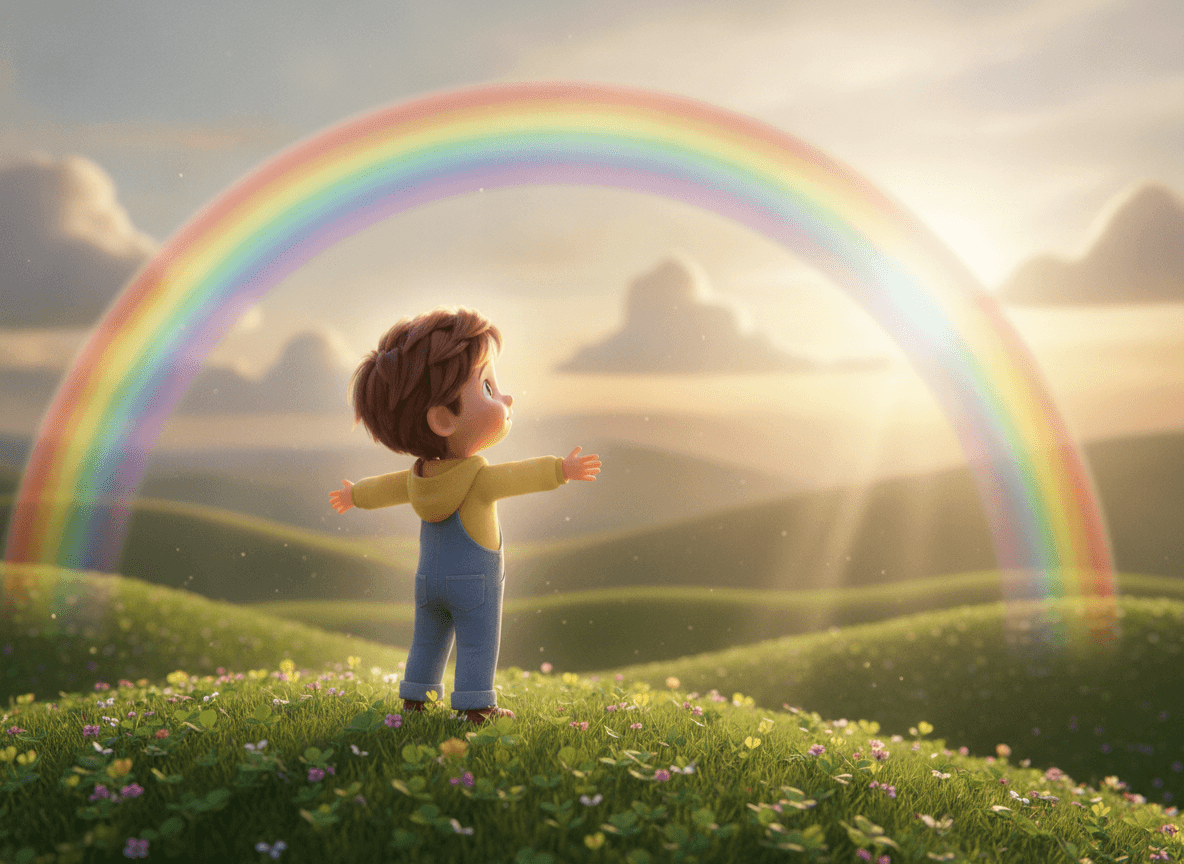 Cinematic 3D style rainbow story illustration of an adorable child gazing up at a brilliant rainbow at golden hour