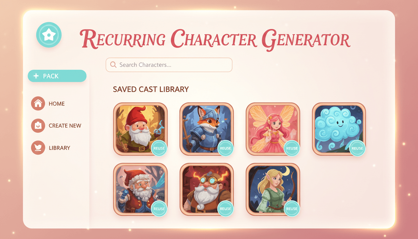 AI recurring character generator dashboard showing a saved cast library of reusable character cards