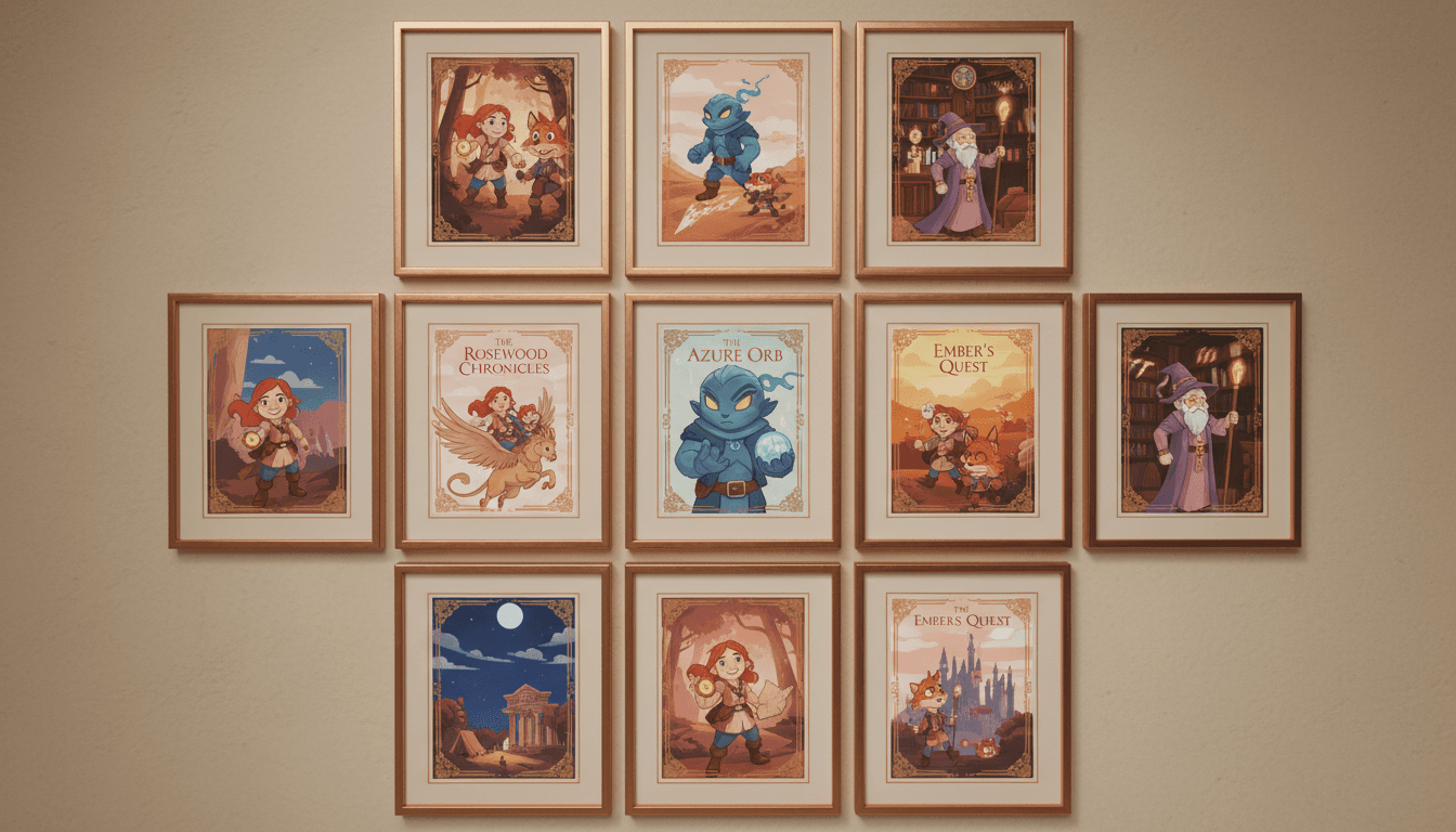 A showcase grid of finished story pages and covers all starring the same recurring cast