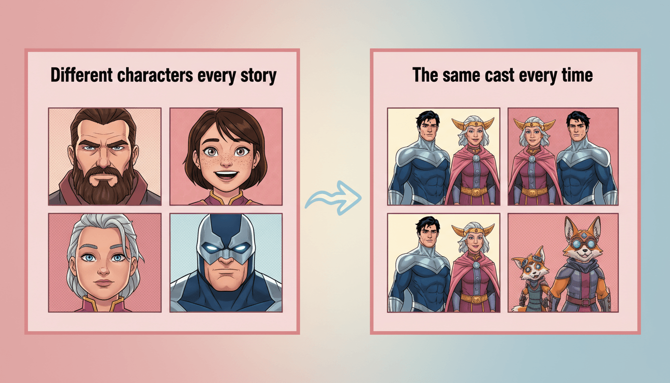 Split screen comparing inconsistent characters that change every story versus the same recurring cast staying on-model