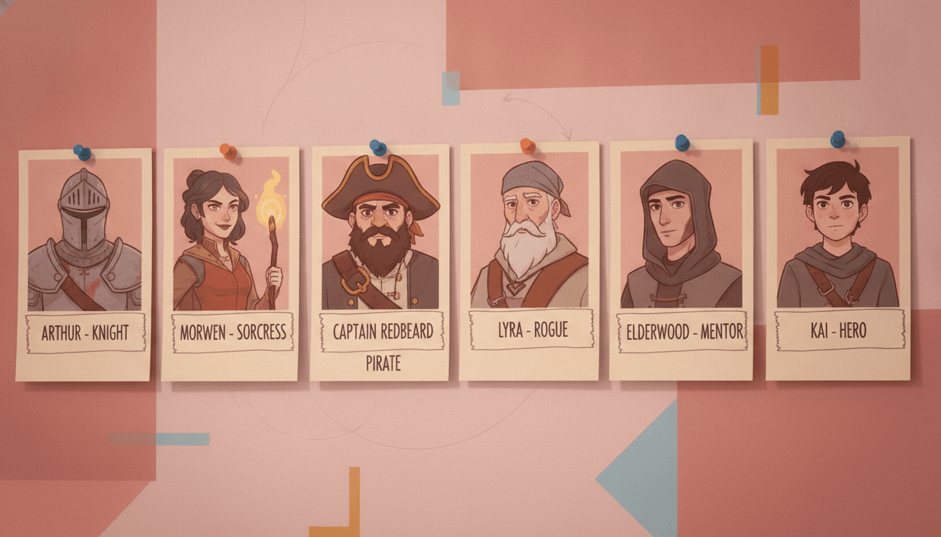 A character casting wall with portrait cards of several recurring characters pinned in a row