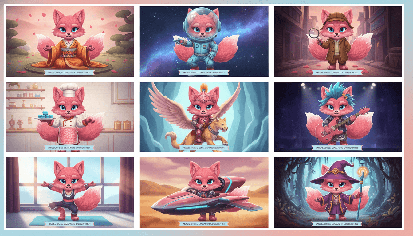 A consistency grid showing one recurring character in many outfits and scenes with the same face every time