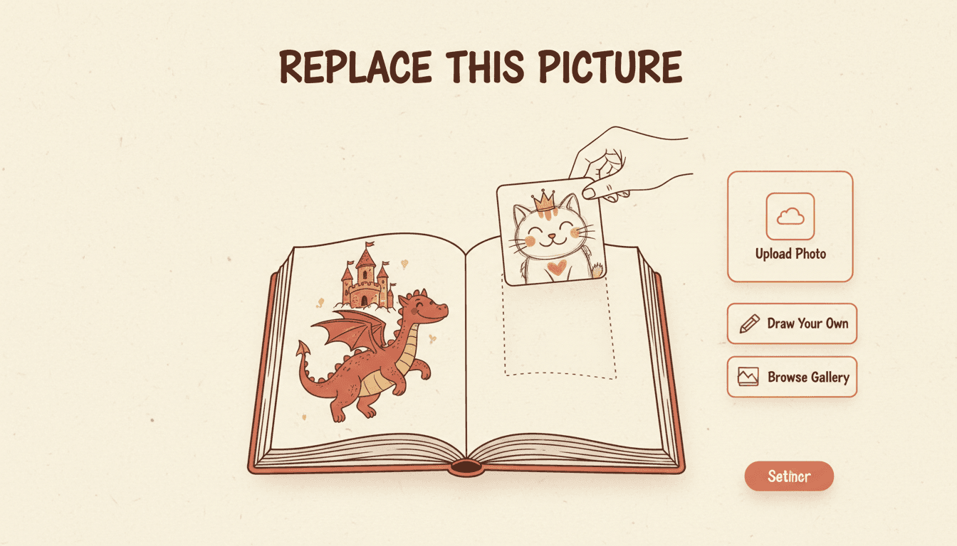 Replace a book illustration: a storybook spread with one page's picture lifted out of its slot and a hand-drawn sketch being dropped into the empty frame