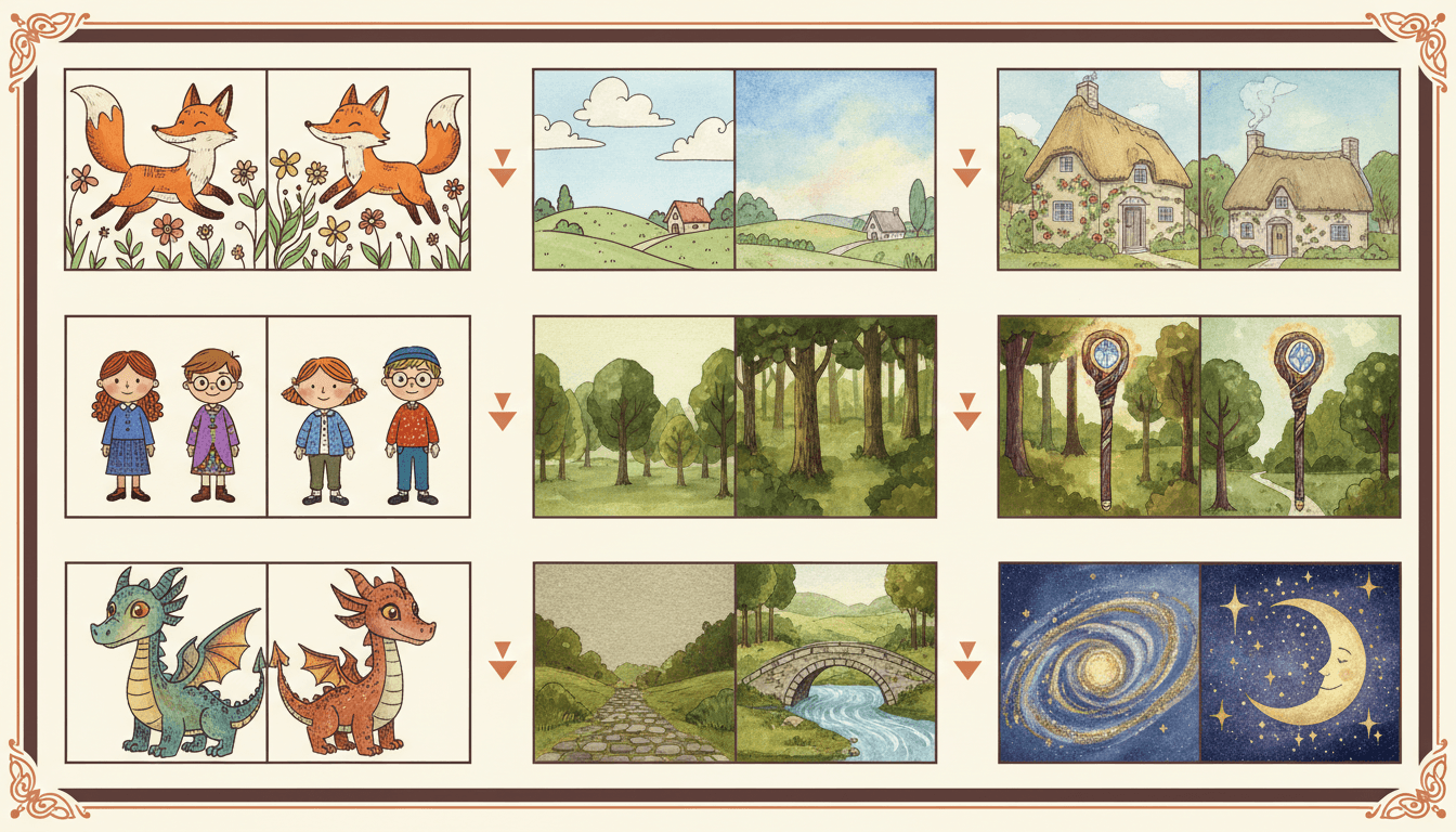 Nine storybook illustration swaps shown as before-and-after pairs joined by arrows