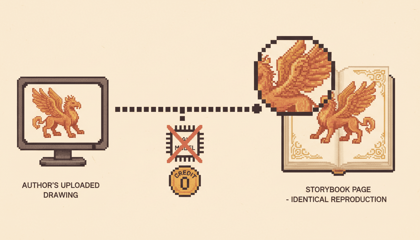 A diagram showing an uploaded drawing travelling unchanged onto a storybook page, with an AI model chip crossed out and a credit coin stamped with a zero