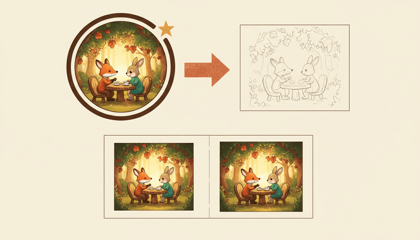 A match-another-page diagram with one storybook page marked as the anchor by a star and an arrow to a second page being repainted to copy its setting and light