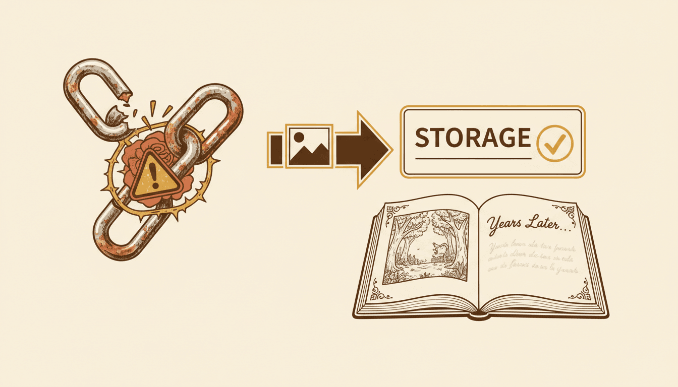 A re-hosting diagram showing an offsite image link with a broken chain being copied onto our own storage so the storybook page still shows its picture years later