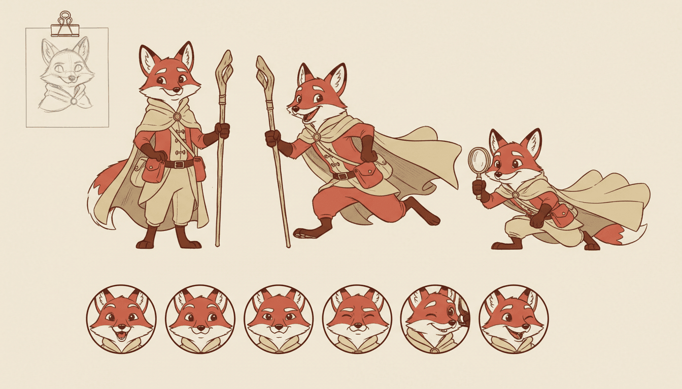 A character model sheet with three consistent poses developed from a small rough pencil sketch clipped to the corner of the sheet