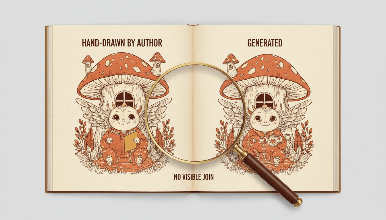 A seam test diagram with a hand-drawn page and a generated page side by side sharing one palette and line weight, a magnifier over the gutter finding no visible join