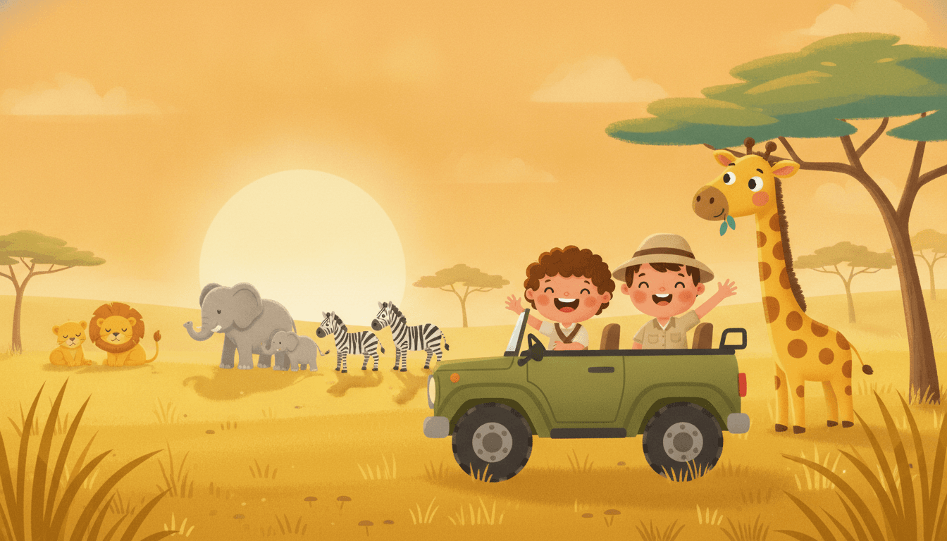 A happy child and a friendly safari guide riding an open jeep across the golden African savanna, waving at a tall giraffe by an acacia tree with elephants and zebras nearby at sunset in an AI-generated safari story