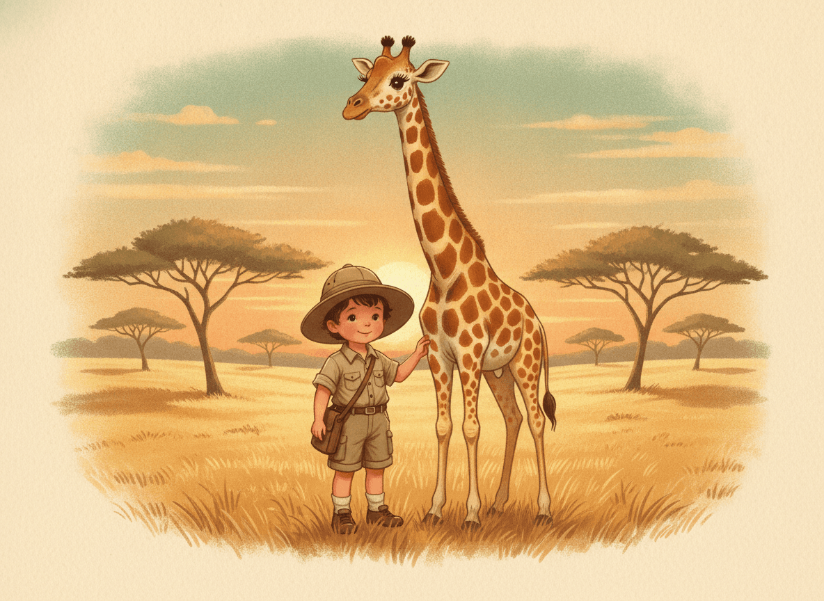 Classic storybook style illustration of a sweet child explorer in a safari hat and a gentle giraffe together on the golden savanna among acacia trees