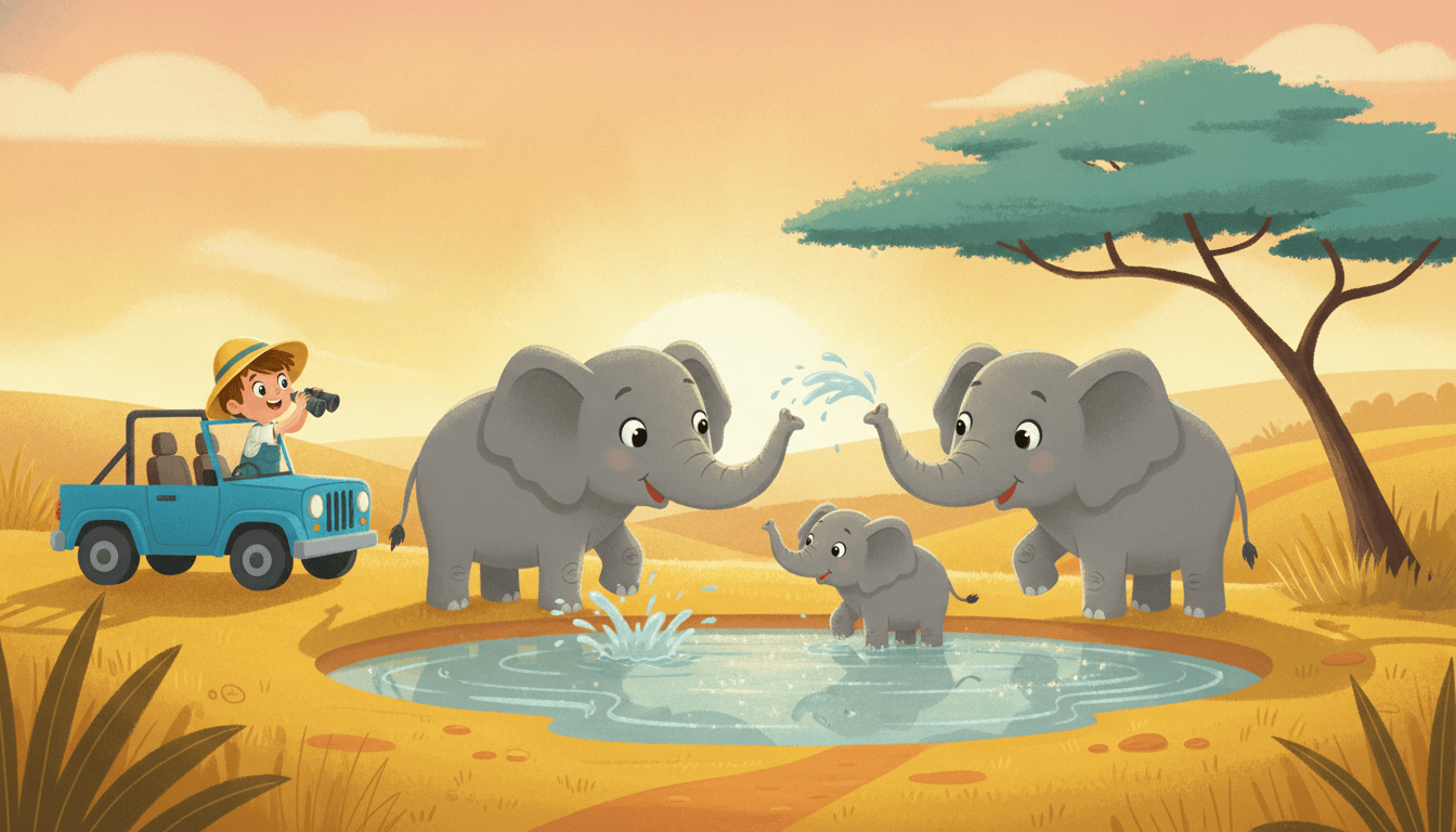 A family of friendly grey elephants and a tiny baby elephant splashing at a sparkling watering hole on the savanna while a child watches in wonder from a nearby jeep