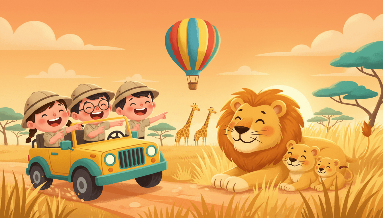 Happy children in a safari jeep spotting a gentle lion family resting in the tall golden grass while a colorful hot-air balloon drifts over the savanna plains