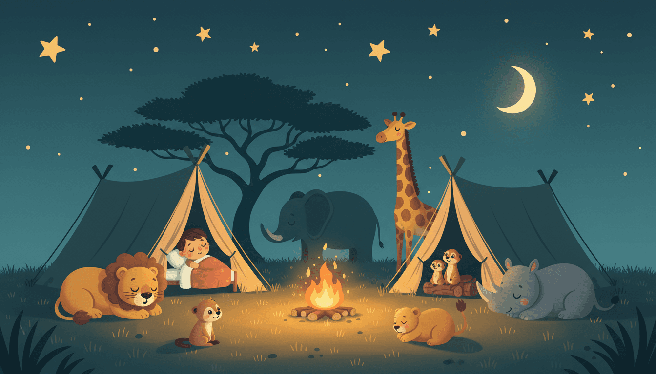 A cozy little safari tent camp with a glowing campfire as a sleepy child and friendly animals settle down under a huge starry African night sky