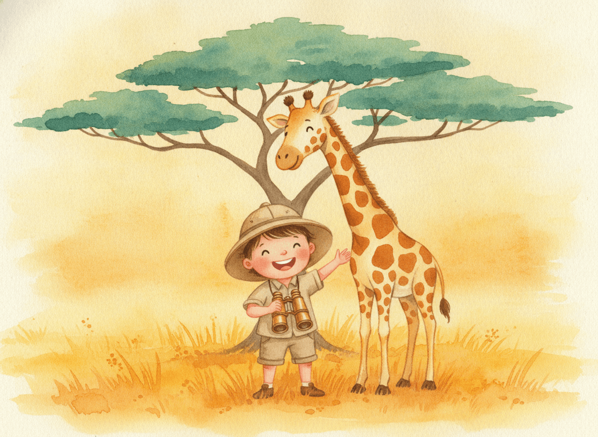 Watercolor style safari story illustration of a happy child explorer in a safari hat with binoculars beside a tall giraffe under an acacia tree on the golden savanna