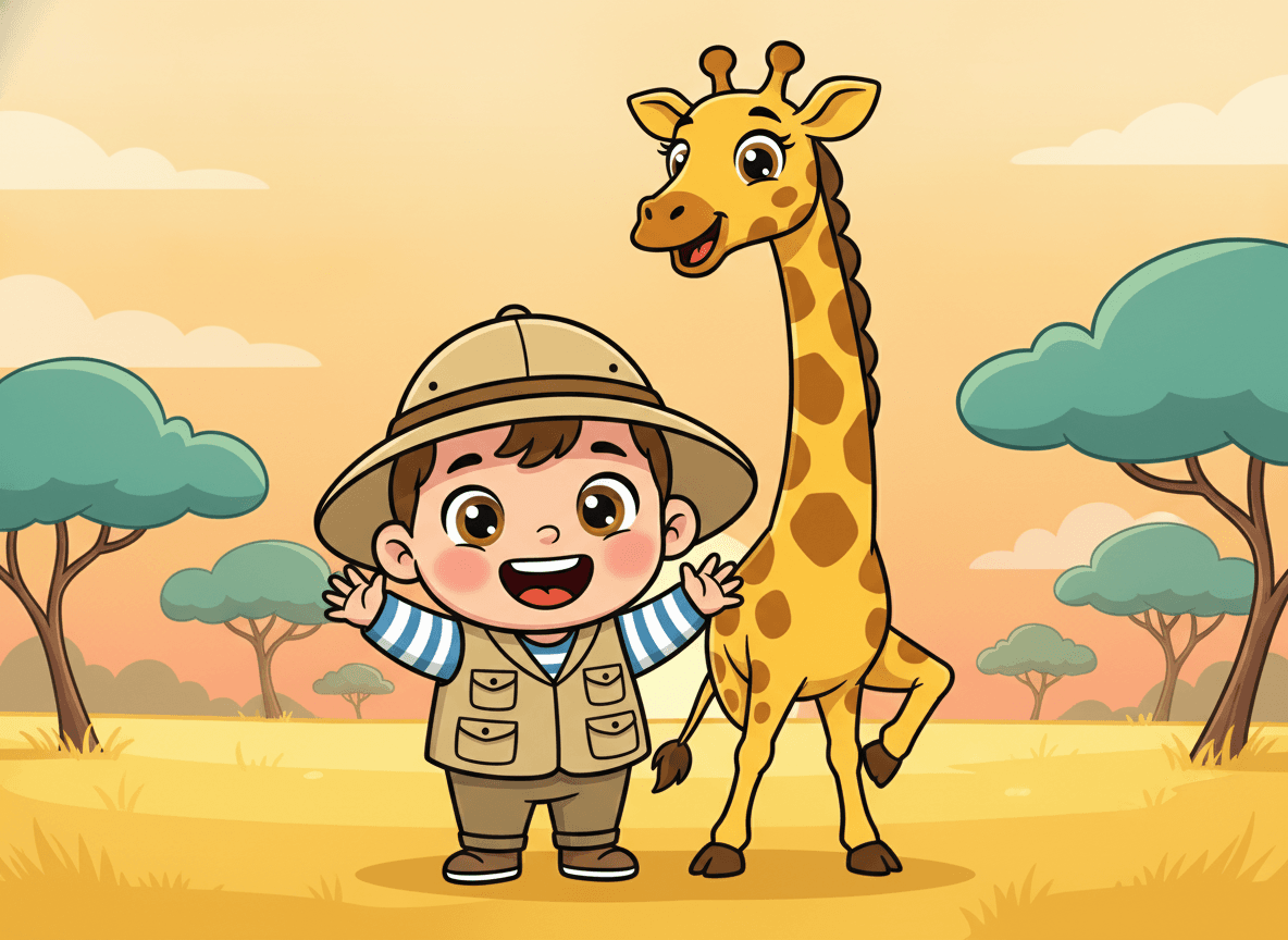 Cartoon style safari story illustration of a happy child explorer in a safari hat waving beside a smiling tall giraffe on the savanna