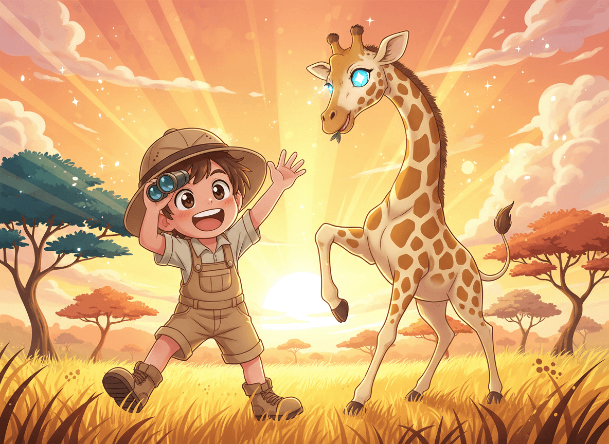 Anime style safari story illustration of a cute child explorer with binoculars and a graceful giraffe with sparkles on the golden savanna