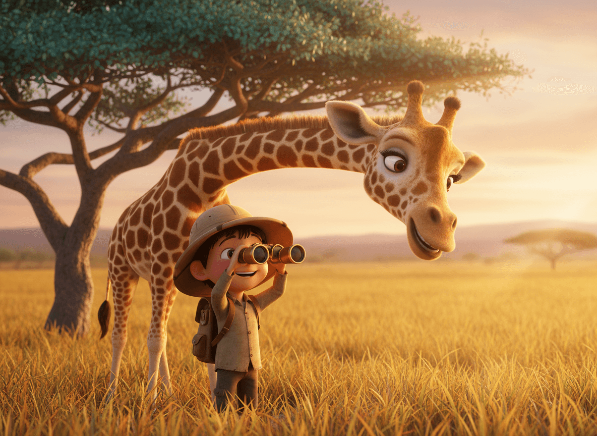 Cinematic 3D style safari story illustration of an adorable child explorer in a safari hat beside a tall giraffe under an acacia tree at golden hour