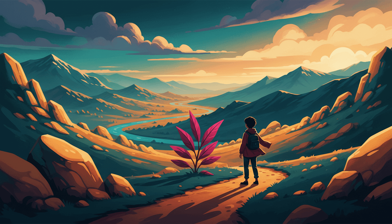 A boy in a dusty red coat with a dark backpack stands on a narrow earth path high on a mountainside, his back to the viewer, looking out over an enormous valley. The valley fills the middle of the wide picture and runs away for miles: ridges of dark blue-green rock whose upper slopes are lit warm amber and gold by a low sun coming in from the right, a pale turquoise river winding along the floor of it in a long curve, and range behind range of hills fading to soft blue at the horizon. In the immediate foreground great boulders in deep teal shadow fill both bottom corners. Just to the left of the boy a single plant stands up out of the path with a spray of large pointed leaves in brilliant magenta and crimson, the only note of that colour anywhere in the picture. The upper half is sky, a deep saturated wash running from strong teal at the top down to warm amber at the horizon, with banks of cloud lit gold along their tops and blue-grey underneath. His own long shadow runs back down the path towards the viewer.