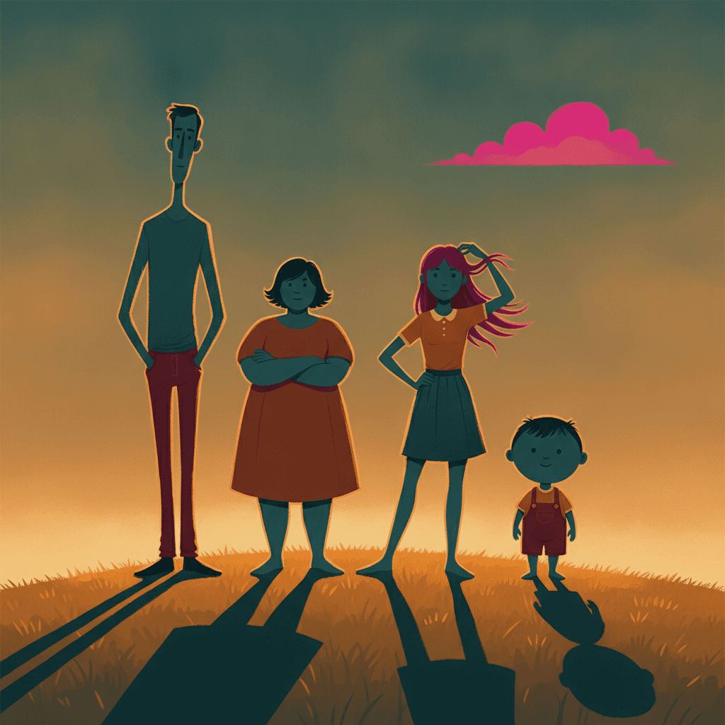 Four people stand in a loose row on a grassy rise at sunset, lit from behind so that each one is a flat blue-green shape with a thin warm rim of light down one side, and all four cast long shadows that stretch towards the viewer across the amber grass. They are built completely differently from one another. On the left is a very tall thin man with narrow shoulders, a long neck, a small head and long legs, standing with both hands in the pockets of his dark red trousers. Beside him is a short, broad, round woman in a loose rust-orange dress, her arms folded and both feet planted flat. Next is a teenage girl, long-limbed and thin, one hand on her hip and the other up in her hair, which is bright magenta-pink and blowing out to the side; she wears an amber top and a teal skirt. On the right is a very small round child of about three with a large head and short arms, in dark red dungarees, standing with both feet together and smiling. The sky behind them runs from olive-teal at the top to warm amber at the horizon, with one flat cloud lit hot magenta at the upper right.
