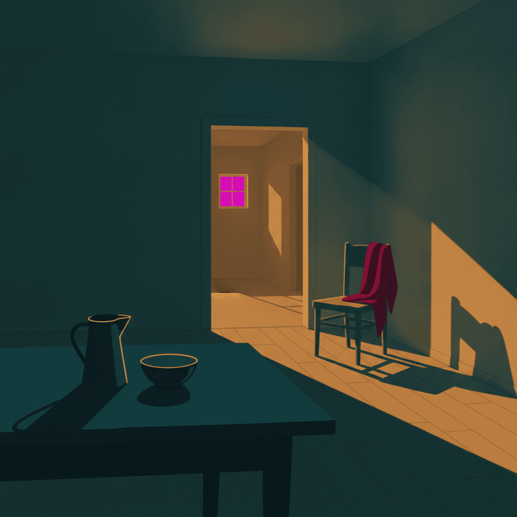 An empty kitchen with nobody in it, arranged in three clear layers of depth. Nearest the viewer, filling the whole bottom left of the square and running off both edges, is the corner of a plain wooden table painted as one flat deep blue-green mass; on it stand a tall enamel jug and a shallow bowl, both dark, each carrying a single thin line of amber light along its upper edge and throwing a long shadow away across the table top. In the middle distance is the room itself: flat teal walls, bare floorboards, and a wooden chair standing against the right-hand wall with a deep crimson cloth thrown over its back. One enormous hard-edged diagonal of warm amber light comes in from the right and lies across the floor and up the wall, and the chair throws a tall clear shadow into it. Furthest away, a doorway stands open onto a small hall washed in warm amber, and at the back of that hall a four-pane window glows vivid magenta — the furthest and the brightest thing in the picture.