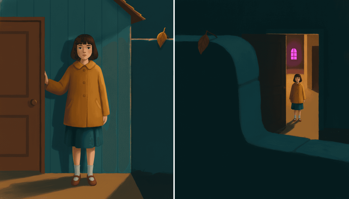 One wide picture split exactly down the middle into two equal halves by a single thin vertical line. Both halves show the same girl of about nine — the same dark bobbed hair, the same mustard-yellow coat, the same deep teal skirt, the same white socks and red shoes — standing in the doorway of the same house with one hand on the door frame. The only thing that differs is where the viewer has been put. In the left half she is drawn large and close, placed dead centre and square on to the viewer at her own eye level, with the teal boarded wall of the house running flat across the whole half behind her like a painted backdrop, the open brown door at her side and a plain band of amber-lit ground at her feet; every single thing in that half sits at the same one distance. In the right half the viewer has dropped low and moved well off to the side: an enormous dark blue-green wall fills most of the half as a flat shape with no detail in it at all, and the girl is now small and far over to the right, standing in a doorway of warm amber light that is the only lit thing in the half, with an arched window glowing vivid magenta on the wall behind her. One dry leaf hangs over the wall in each half.