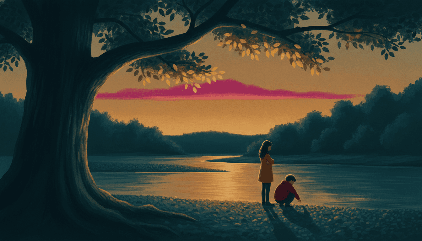 A wide river at sunset, seen from underneath a tree. The whole left third and the entire top of the picture are taken up by an enormous tree in deep blue-green shadow, so close to the viewer that the trunk is a flat dark mass and the branches spread right across the top edge, carrying leaves that are mostly dark but turn brilliant gold wherever the light catches them. Looking past the trunk, the middle distance opens onto a wide shallow river: the water is a slab of deep teal with one long band of amber light lying down the centre of it where the low sun skims the surface. On a shingle bank in that middle distance stand two children, both small in the frame. A girl in a mustard-yellow coat stands with her arms folded and her long hair down her back; a smaller boy in a red jumper crouches on his heels beside her with one hand reaching out towards the water. Their long shadows run towards the viewer across the stones. Beyond them the far bank is a low dark band of trees under an amber sky, with one flat cloud lit hot magenta lying right across it.
