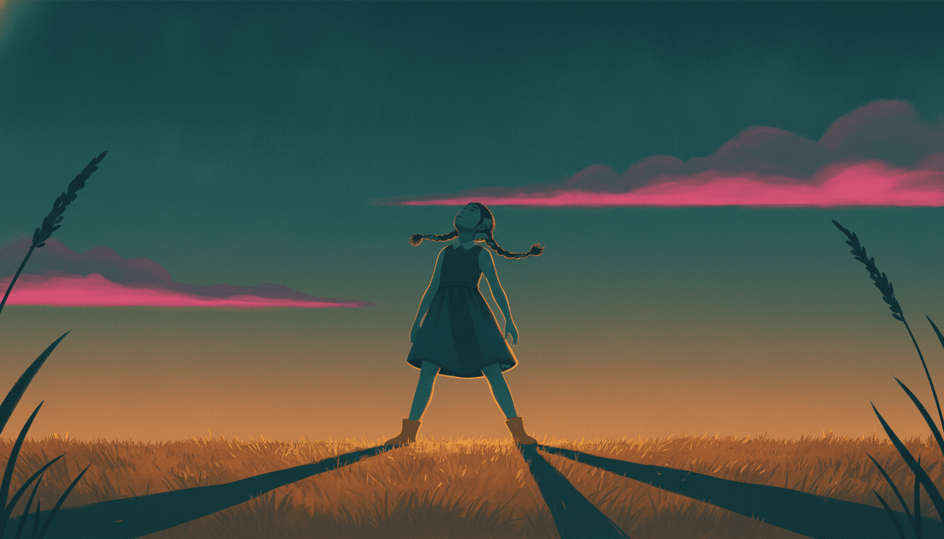 A girl of about eight stands alone in a field of dry grass at dusk, seen from low down so that the horizon sits near the bottom of the wide picture and she is almost entirely against the sky. Her feet are planted wide apart, her arms hang loose at her sides and her head is tipped right back to look straight up. She is lit from behind, so her teal dress, her bare arms and her two thick braids are all one dark blue-green shape with a thin amber rim running down the near side, and only her mustard-yellow boots catch the light fully. Two long shadows stretch from her feet towards the viewer and run off the bottom edge of the picture. The grass is a warm amber band across the bottom fifth. The sky fills everything else, a deep saturated wash running from strong teal at the top down through olive to warm amber at the horizon, with three long flat clouds lit hot magenta along their lower edges. One tall grass stem leans in at the left edge and another at the right.