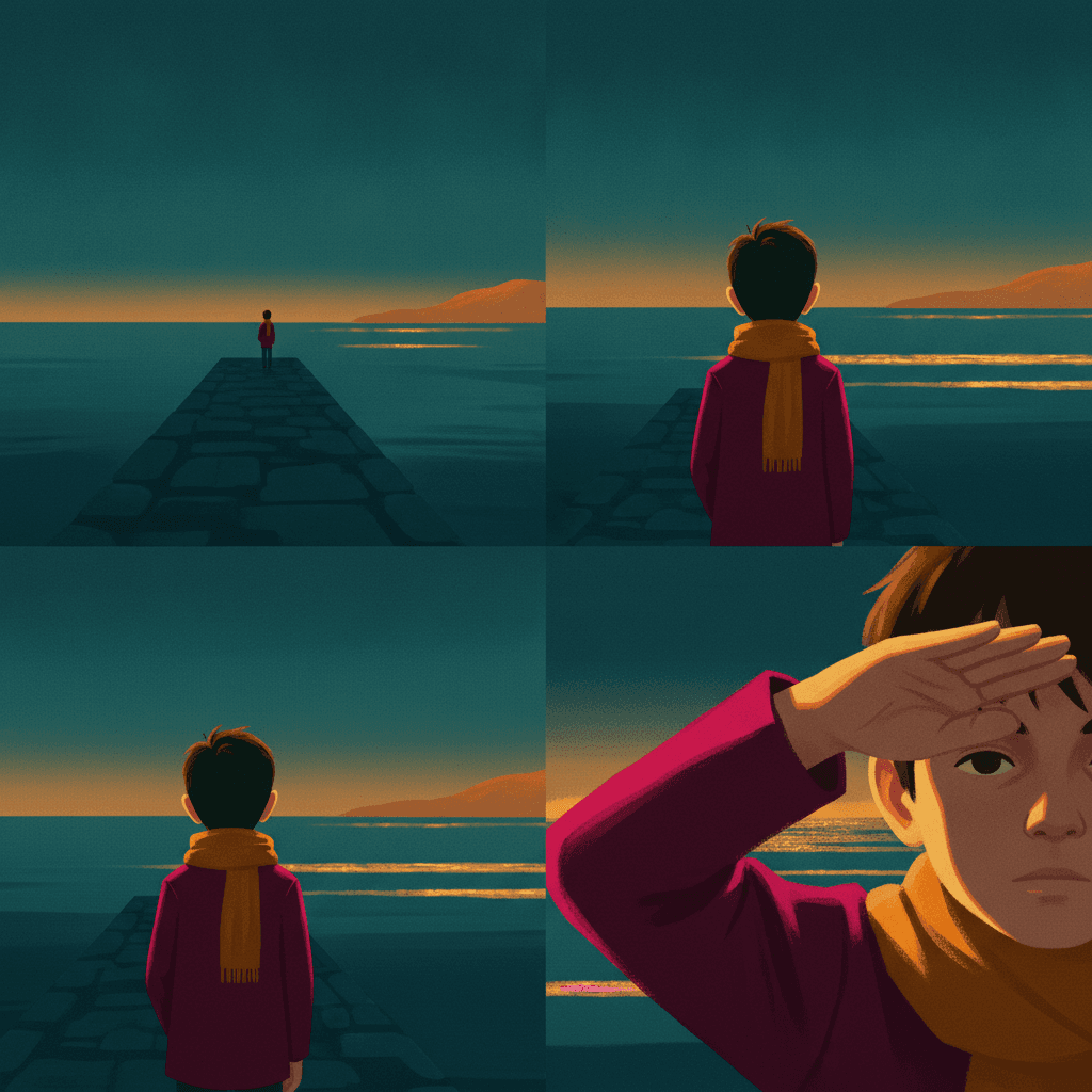 One square picture divided into a precise two-by-two grid of four equal quarters. All four quarters show the same boy in a deep magenta-red coat and a mustard-yellow scarf, standing on the same stone jetty, looking out over the same teal sea at sunset, with the same low amber light lying in flat bands across the water and the same orange headland on the right. The only thing that changes from quarter to quarter is how far away the viewer is standing. In the upper left he is a tiny figure right at the far end of a long jetty that runs away from the viewer, nearly lost against the water. In the lower left he has come much closer and is seen from behind from the waist up, the jetty now only a corner beside him. In the upper right he is nearer still and larger, the back of his head and his scarf filling the middle of the quarter. In the lower right there is nothing left but his raised hand shading his eyes and the side of his face, filling the whole quarter, one eye visible past his fingers and the lit water reduced to a narrow strip behind his wrist.