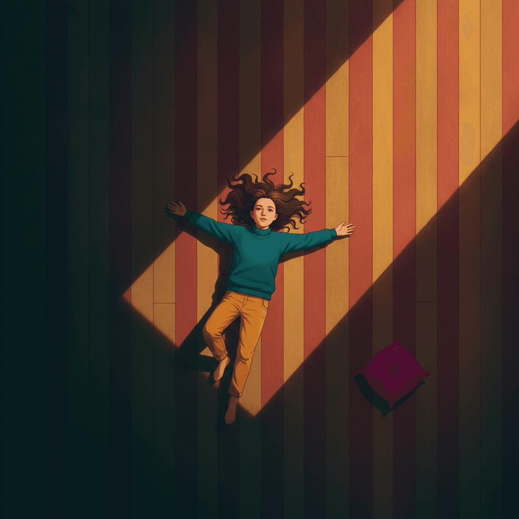 A view looking straight down at a girl lying on her back on a bare wooden floor, seen from directly overhead. She wears a deep teal polo-neck jumper and mustard-yellow trousers and is barefoot; her arms are flung out to either side, one knee is bent across the other leg, her long wavy brown hair is spread out around her head and she is looking straight up at the viewer. The floorboards run in vertical stripes the full height of the square, alternating warm amber, terracotta and olive. One enormous hard-edged diagonal band of light crosses the picture from the upper right corner down to the lower left, and the boards inside it glow amber and red while everything outside it — the whole left side and the lower right corner — drops into a very deep blue-green shadow. She lies in the lit band with her own soft dark shadow close beside her. A single small magenta cushion lies on the floor in the shaded lower right and is the only other object in the picture.