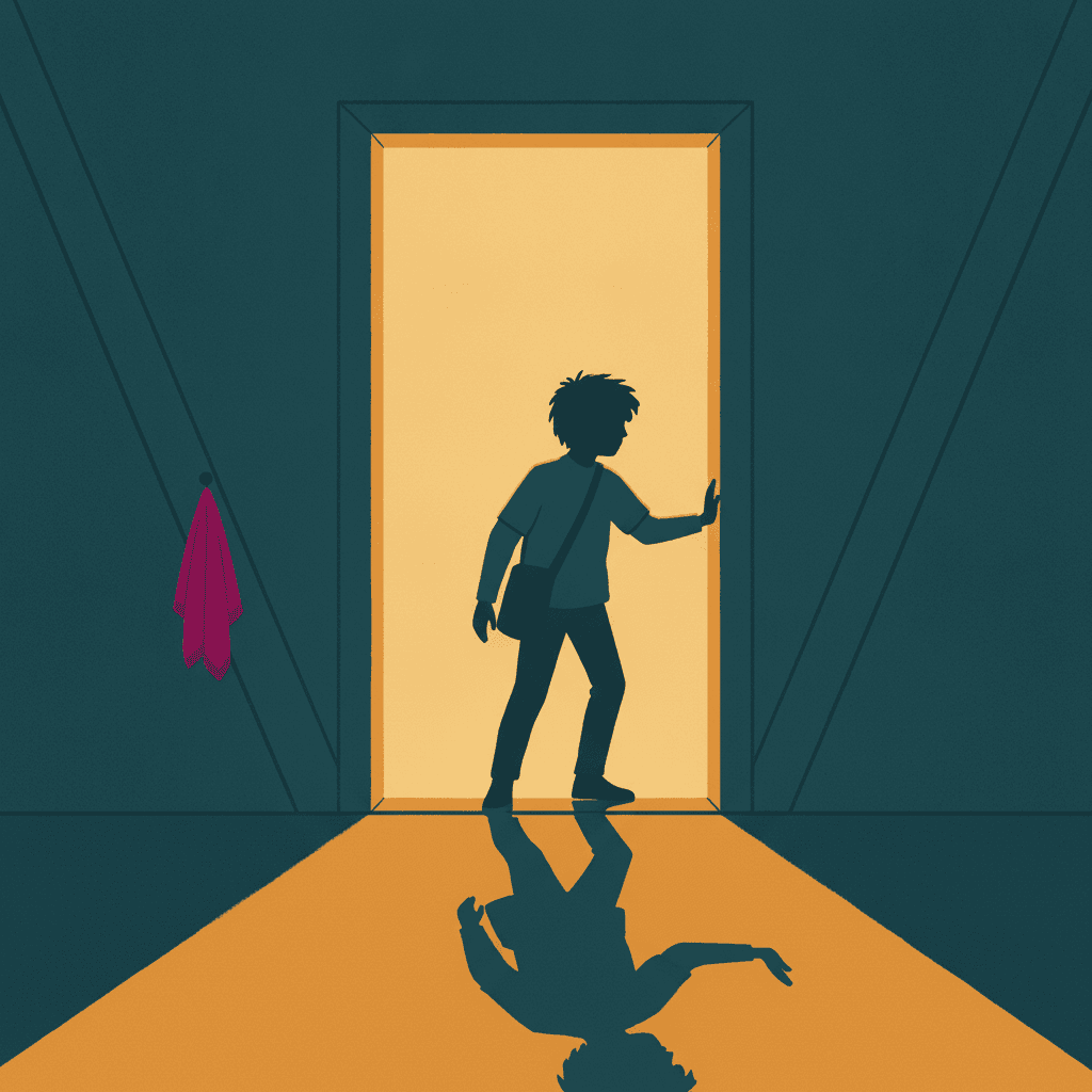A boy stands in a tall open doorway seen from inside a dark room, and he is drawn as one solid flat silhouette with almost no detail inside the shape. The doorway is a plain upright rectangle of warm light filling the middle of the square, pale gold at its centre and deepening to amber at its edges. Everything around it is a flat deep blue-green wall running out to all four edges, marked only by a few long diagonal lines standing for boards. His silhouette sits just right of centre: untidy spiked hair, a satchel strap crossing his chest with the bag hanging at his hip, one arm down at his side, the other raised with the palm flat against the door frame, and his near leg bent as he steps up over the threshold. A broad wedge of the same amber light spills out of the doorway across the floor towards the viewer and runs off the bottom edge, with his long dark shadow lying down the middle of it. A single piece of magenta cloth hangs from a nail on the dark wall at the left and is the only other colour in the picture.