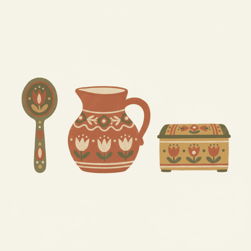 Square Scandinavian folk art illustration of a wooden spoon, a milk jug and a small painted chest as naive flattened shapes decorated with folk tulip and dot motifs