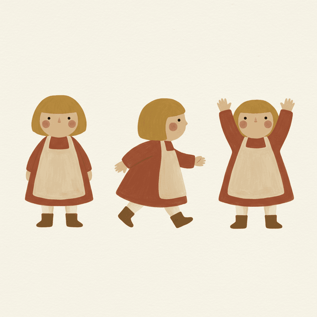 Square Scandinavian folk art character model sheet showing the same naive child in a terracotta smock and cream pinafore across three poses, face, hair shape and colours kept identical