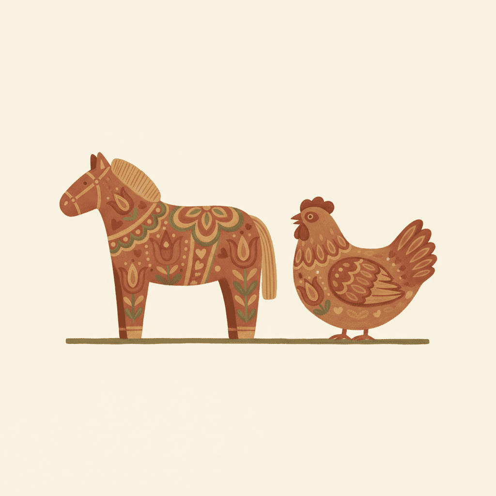 Square Scandinavian folk art illustration of a stout painted folk horse and a plump hen as flattened naive shapes with tulip and dot motifs on their flanks