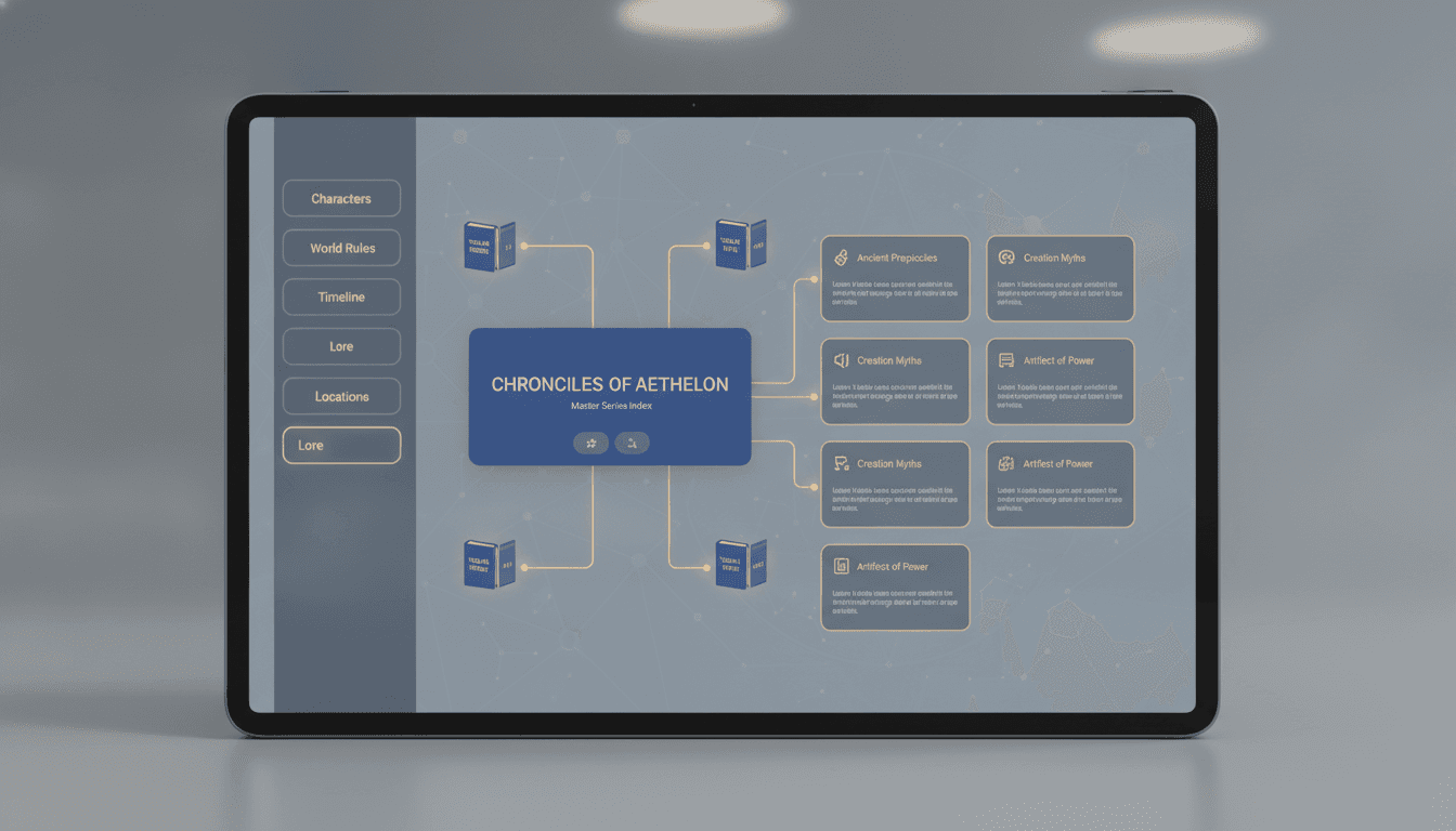 AI series bible organizer dashboard with tabbed sections for characters, world rules, timeline, and lore that every book volume connects to