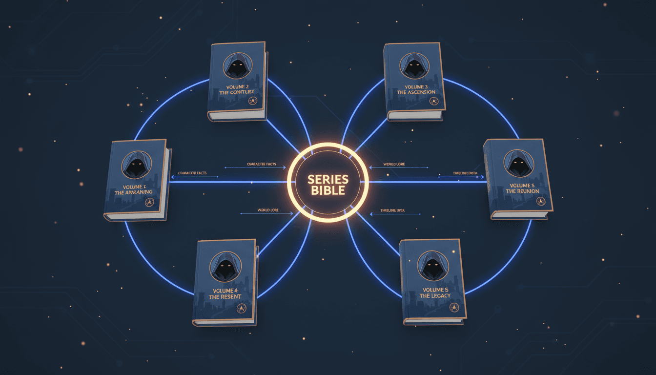 A master index hub with a central series bible node connected to several book volumes that all pull the same facts