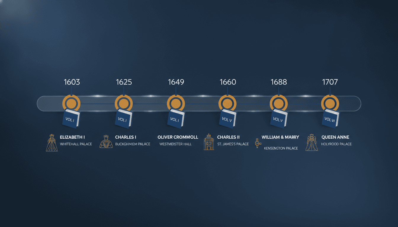 A clean series timeline laid out as an organized track with labeled events and book-volume milestones in order