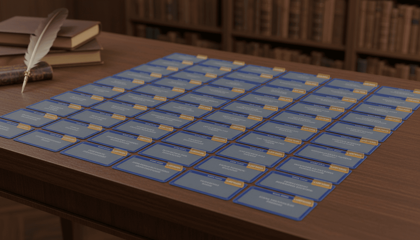 A tidy grid of organized reference cards for characters, world rules, locations, and lore in a consistent layout