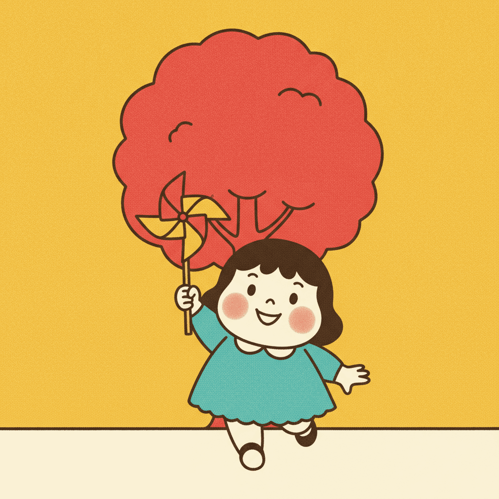 A plump girl in a teal dress runs across a flat marigold-yellow field holding up a paper pinwheel on a thin stick, her round face open in a delighted smile with two rosy cheeks. A very large round coral-red tree fills the space behind her with the pinwheel overlapping it, and a band of flat warm cream runs along the bottom as the ground, divided from the yellow by a single dark line. Every colour is one flat printed area carrying a fine halftone texture, the pinwheel is plain matte paper with no shine on it, and nothing casts a shadow
