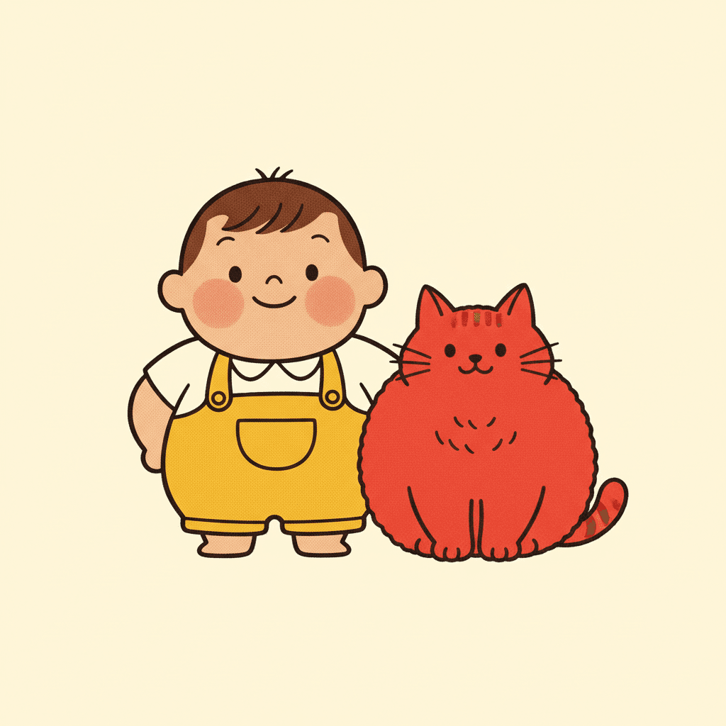 A plump boy and a big round red cat sitting together in the centre of one completely flat field of warm cream. The boy wears marigold-yellow dungarees with a front pocket over a white collared shirt, and has brown hair, round rosy cheeks and a small closed smile; the cat beside him is one large area of cherry red with a scalloped furry edge, fine whiskers, a small striped tail and a quiet closed smile. There is no room, no wall, no floor, no horizon and no furniture anywhere — just the pair and the cream — and neither of them casts a shadow or sits in any pool of shading