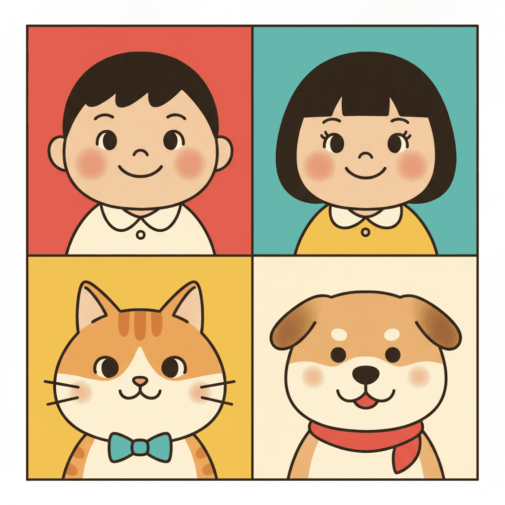 A two-by-two grid of four squares, each a different flat printed colour holding one plump character drawn in a clean dark outline. On a cherry-red field, a boy with a dark bowl cut in a cream collared shirt. On a teal field, a girl with a dark bob in a yellow collared top. On a marigold-yellow field, a ginger-and-cream cat wearing a teal bow tie. On a warm cream field, a tan-and-cream dog in a red neckerchief. All four have round rosy cheeks and small closed smiles, a fine halftone dot texture sits inside the larger colour areas, and none of them casts a shadow