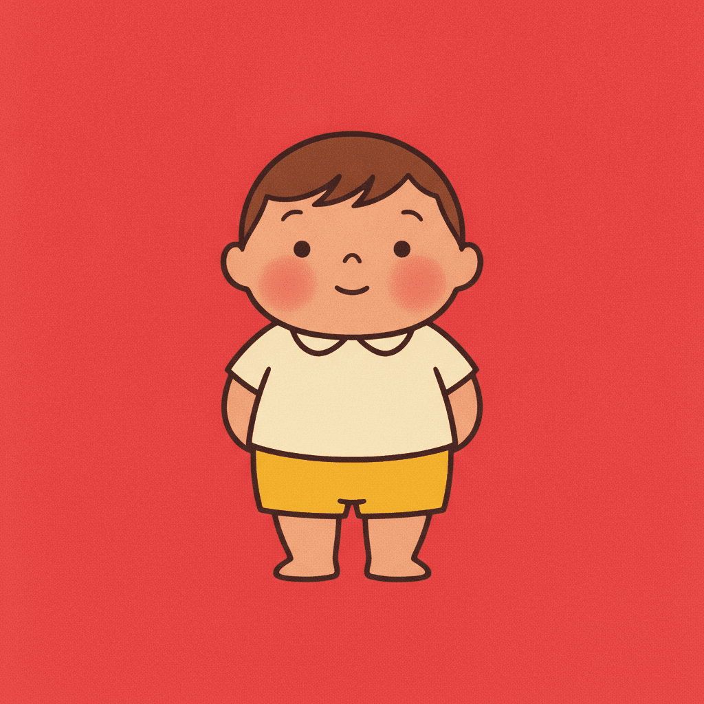 A plump little boy standing alone in the centre of one flat field of cherry red that fills the whole square. He wears a cream collared shirt and marigold-yellow shorts, his arms hang at his sides, his legs and feet are bare and rounded, and his round face has a small closed smile, two rosy cheeks and brown hair. He is drawn in flat printed colour inside a clean dark outline, with a fine halftone texture in the red behind him. There is no floor, no horizon and no background of any kind, and he casts no shadow