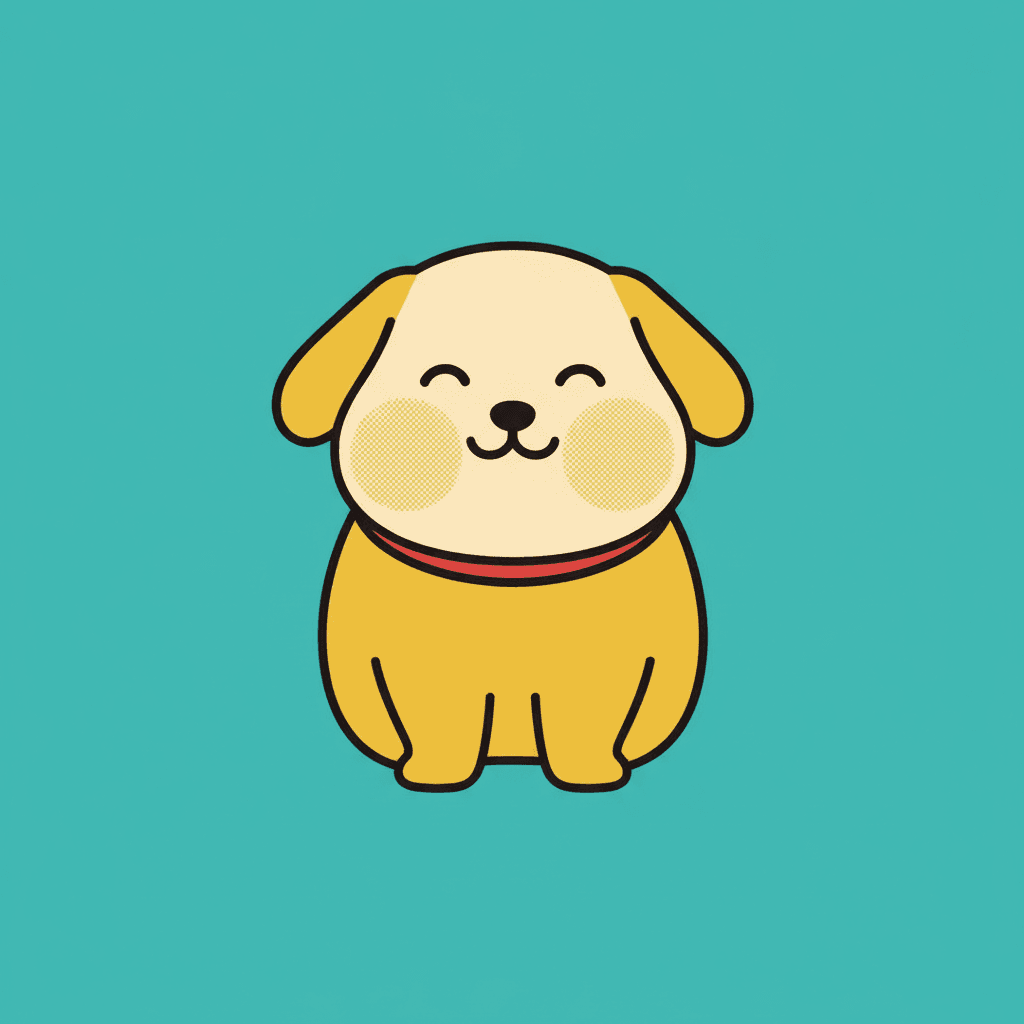 A plump round dog sitting in the centre of one flat field of teal that fills the whole square. Its body is one large area of marigold yellow and its face one area of warm cream, held together entirely by a single clean dark outline of even weight, with a thin red collar at the neck, two closed curved eyes, a small black nose and two cheek patches carrying a visible halftone dot texture. No part of the body is shaded, nothing carries a highlight or a gradient, and the dog casts no shadow on the teal