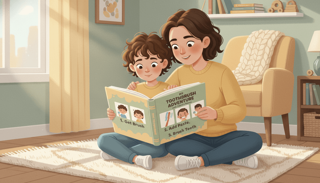 Parent and autistic child reading a personalized social story together